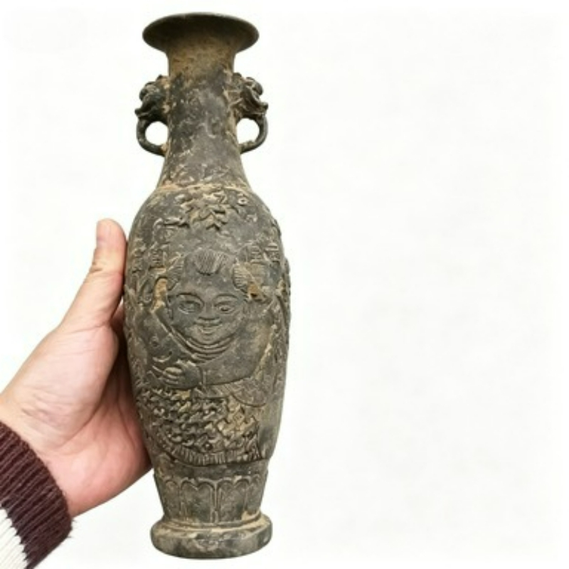 Collectible Vintage Tools - แจกันสะสมทองสัมฤทธิ์ แกะสลักลายปลา ของตกแต่งเจิ้นไจ แจกันสองหู ของสะสมทองสัมฤทธิ์โบราณ