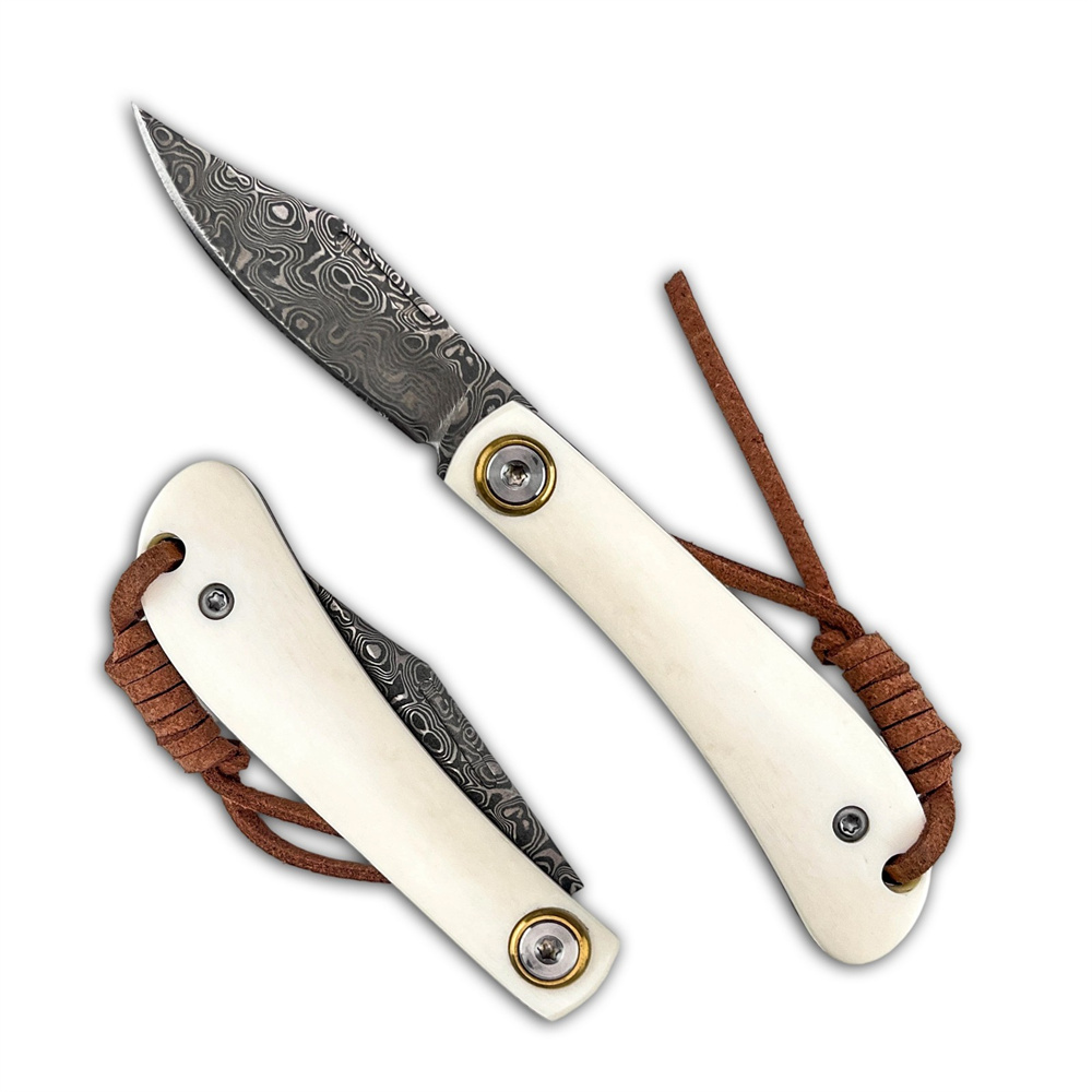 Vintage Collectible Knives - มีดพับวินเทจลายดามัสกัสขนาดกะทัดรัด, ด้ามจับทำจากกระดูกงาช้าง มีดเอาตัวรอดสำหรับกิจกรรมกลางแจ้ง ตั้งแคมป์ ล่าสัตว์ สะสม