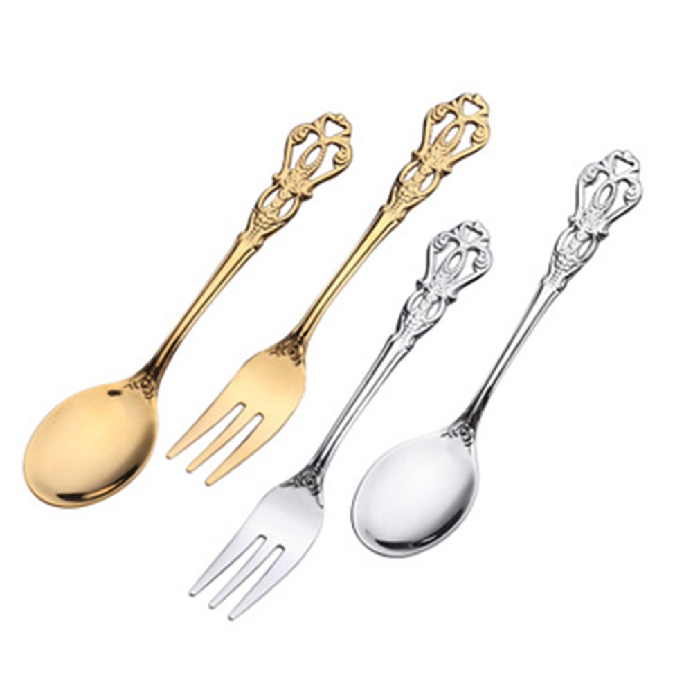 Vintage Collectible Spoons - ชุดช้อนส้อมทองเหลืองวินเทจ 1 คู่ ชุดช้อนส้อมสแตนเลสหรูหรา ช้อนขนมหวานลายฉลุ งานฝีมือ