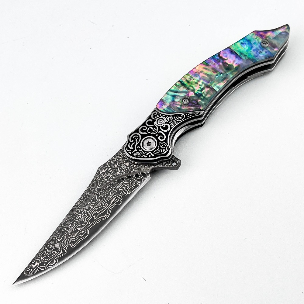 Vintage Collectible Knives - มีดพับลายดามัสกัสแบบวินเทจใหม่ ด้ามเปลือกหอยมุกสีรุ้ง ของสะสม พกพาสะดวก EDC มีดเดินป่า