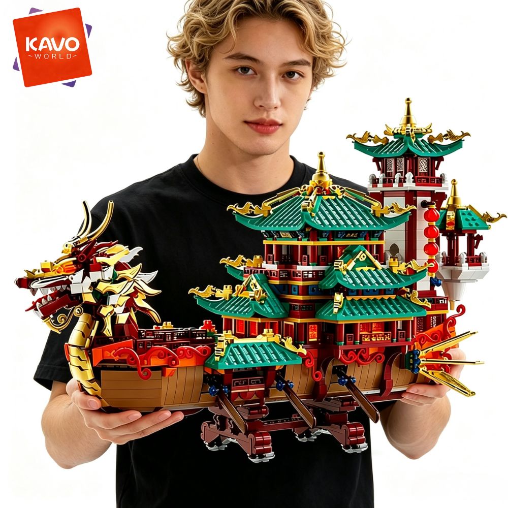 Vintage Toys Collector - KAVOWORLD ชุดตัวต่อเรือมังกร 2453 ชิ้น ชุดประกอบเรือโบราณจีนพร้อมไฟ LED