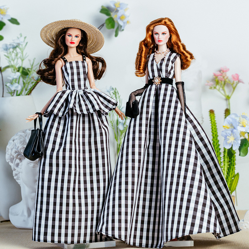 Vintage Toys Collector - 32 ซม.Supermodel ตุ๊กตาเสื้อผ้าชุดยุโรปแฟชั่น Vintage ลายสก๊อตสีดําและสีขาวชุดเจ้าหญิงสาว DIY