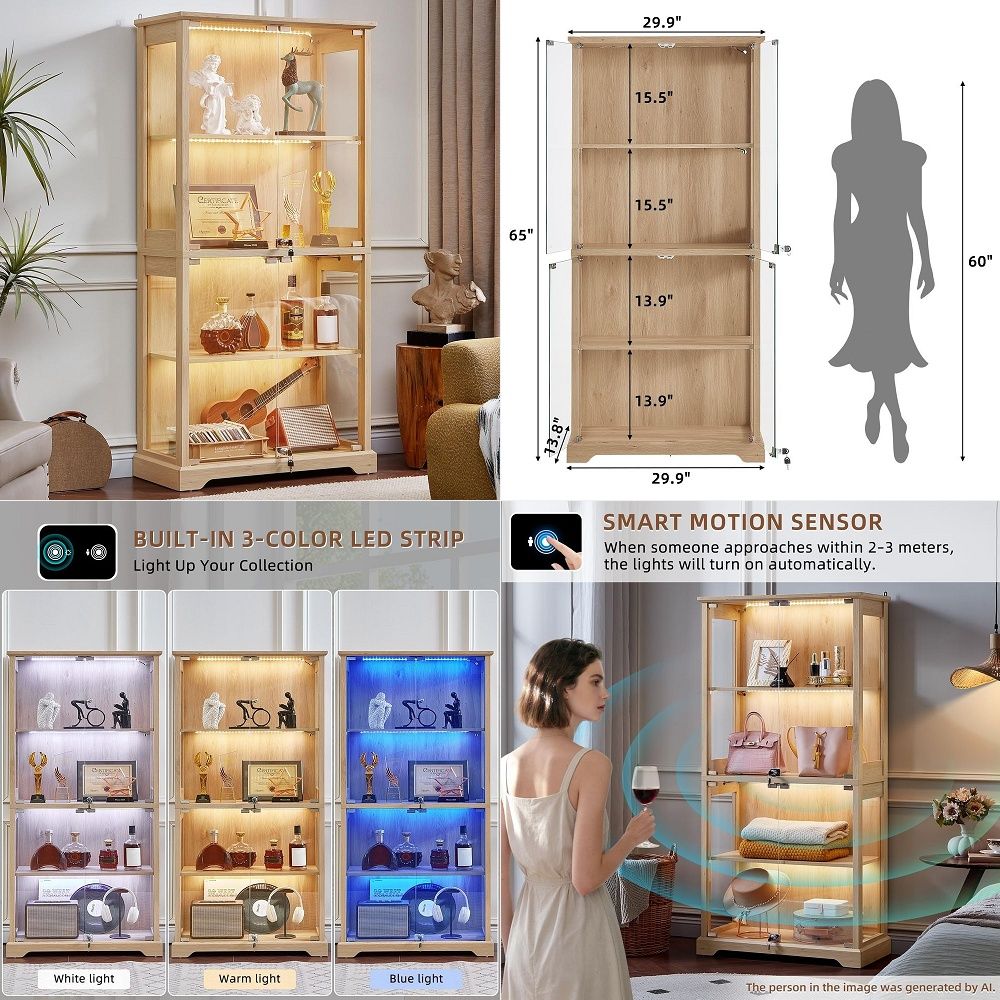 Collectible & Vintage Dolls For Wedding - ตู้โชว์กระจกสไตล์บ้านไร่พร้อมประตู ตู้โชว์ไม้สำหรับของสะสมพร้อมไฟ LED 3 สีพร้อมเซ็นเซอร์ตรวจจับความเคลื่อนไหวและรีไฟโน