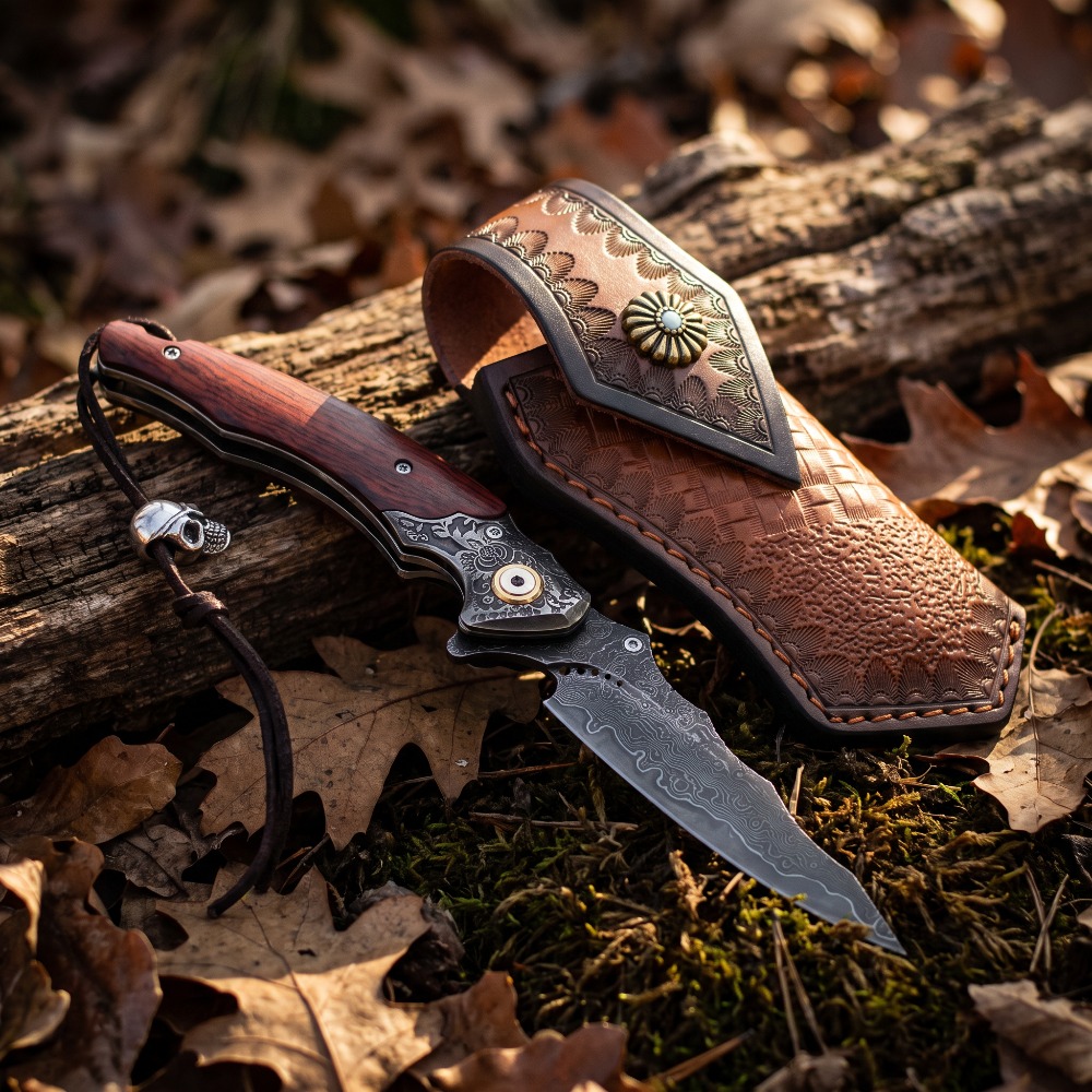 Vintage Collectible Knives - มีดพับลายดามัสกัสแกะสลักสไตล์วินเทจ ด้ามไม้เนื้อแข็ง พกพาสะดวก เหมาะสำหรับใช้ในชีวิตประจำวันและเป็นของสะสม