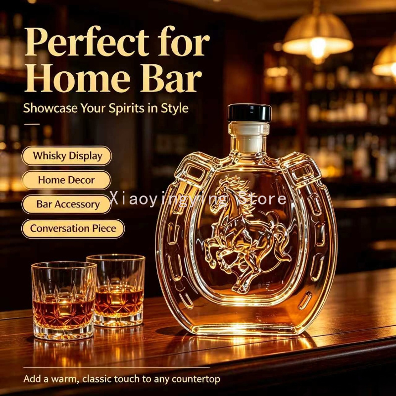 Vintage Collectible Liquor Bottles - ขวดเหล้าแก้วลายนูนรูปม้าทรงเกือกม้าสไตล์วินเทจ สำหรับวิสกี้ บูร์บอง และของสะสมสำหรับบาร์ในบ้าน