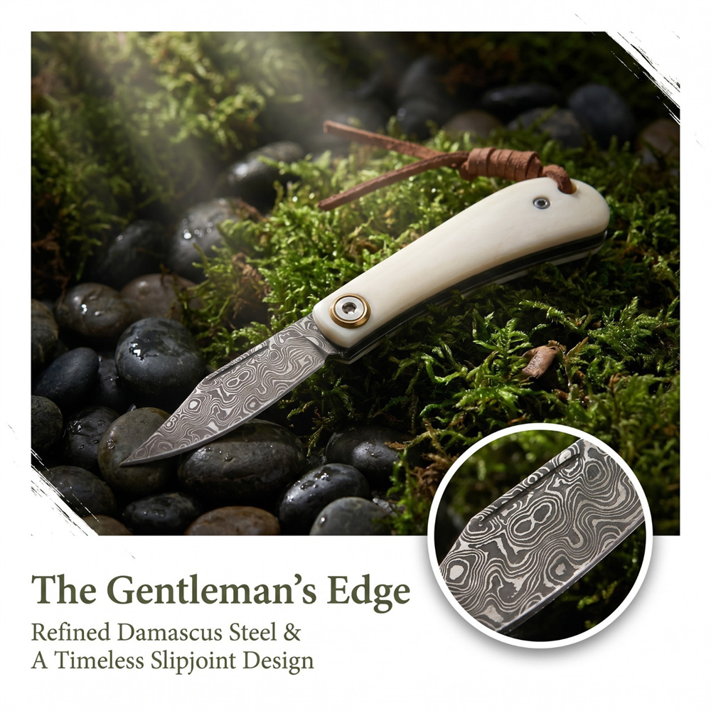 Vintage Collectible Knives - มีดพับวินเทจลายดามัสกัส ด้ามทำจากกระดูกงาช้าง ขนาดกะทัดรัด เหมาะสำหรับการเอาตัวรอด การตั้งแคมป์ การล่าสัตว์